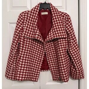 Talbots Moto Red White Houndstooth Wool Zip Up Jacket Size 10 Coat